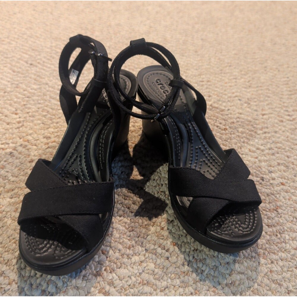 Crocs Leigh II Ankle Strappy Wedge Sandals Womens 4 Black Comfort Platform